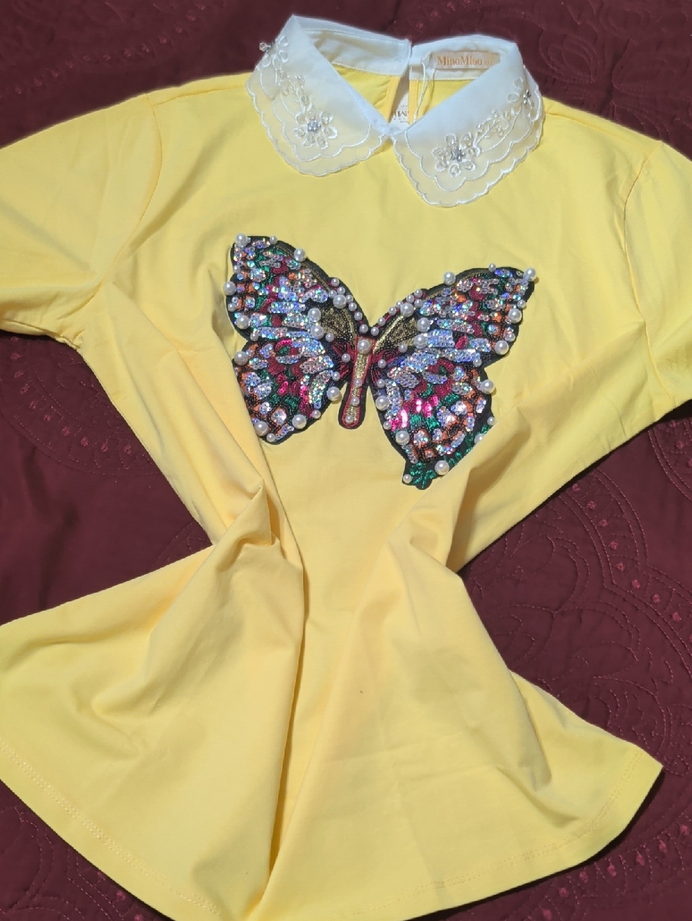 Embellished Butterfly Yellow Top with Peter Pan Collar